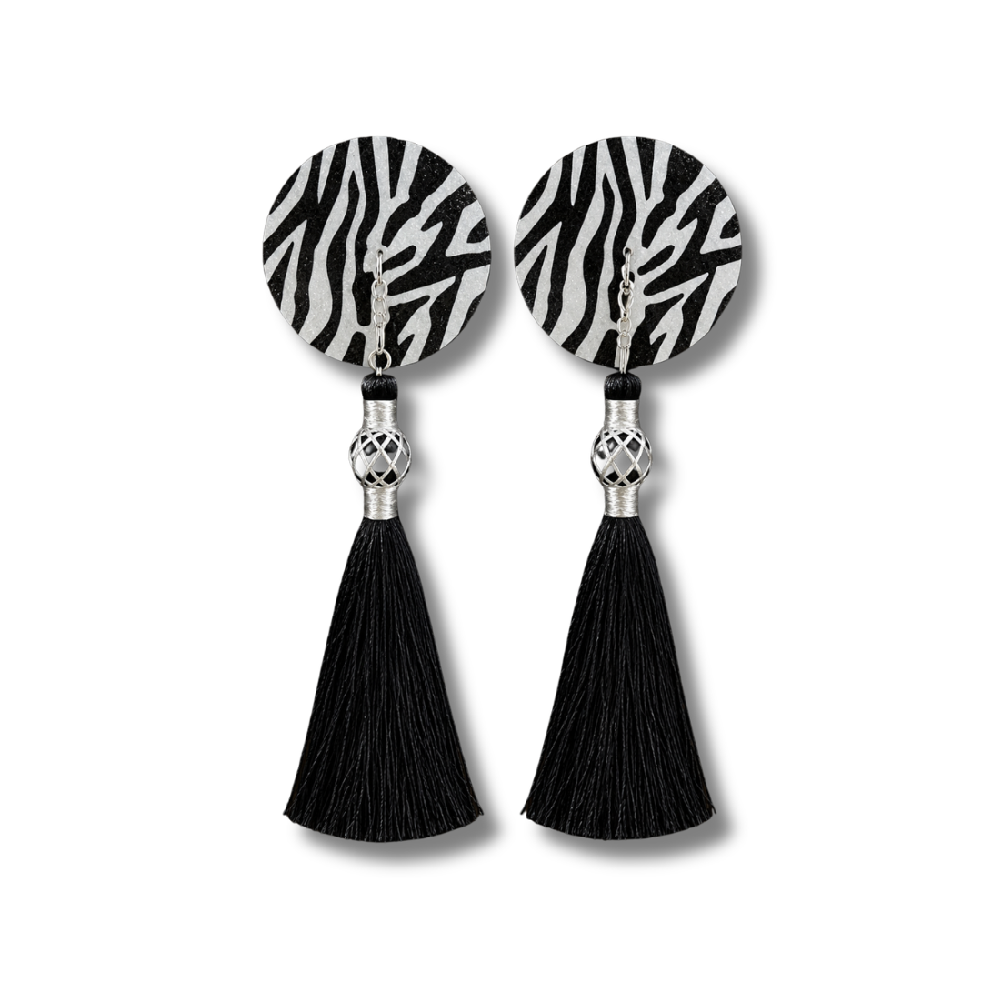 DAZZLE Zebra Glitter Nipple Pasties, Pasty (2pcs) - With Removable Black or Red Tassels