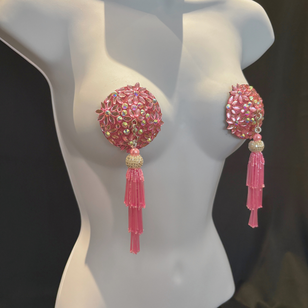 FLORAL FANTASY Pink Gems and AB Gems Nipple Pasty, Covers (2pcs) with Hand beaded Beaded Removable Chandelier Tassels
