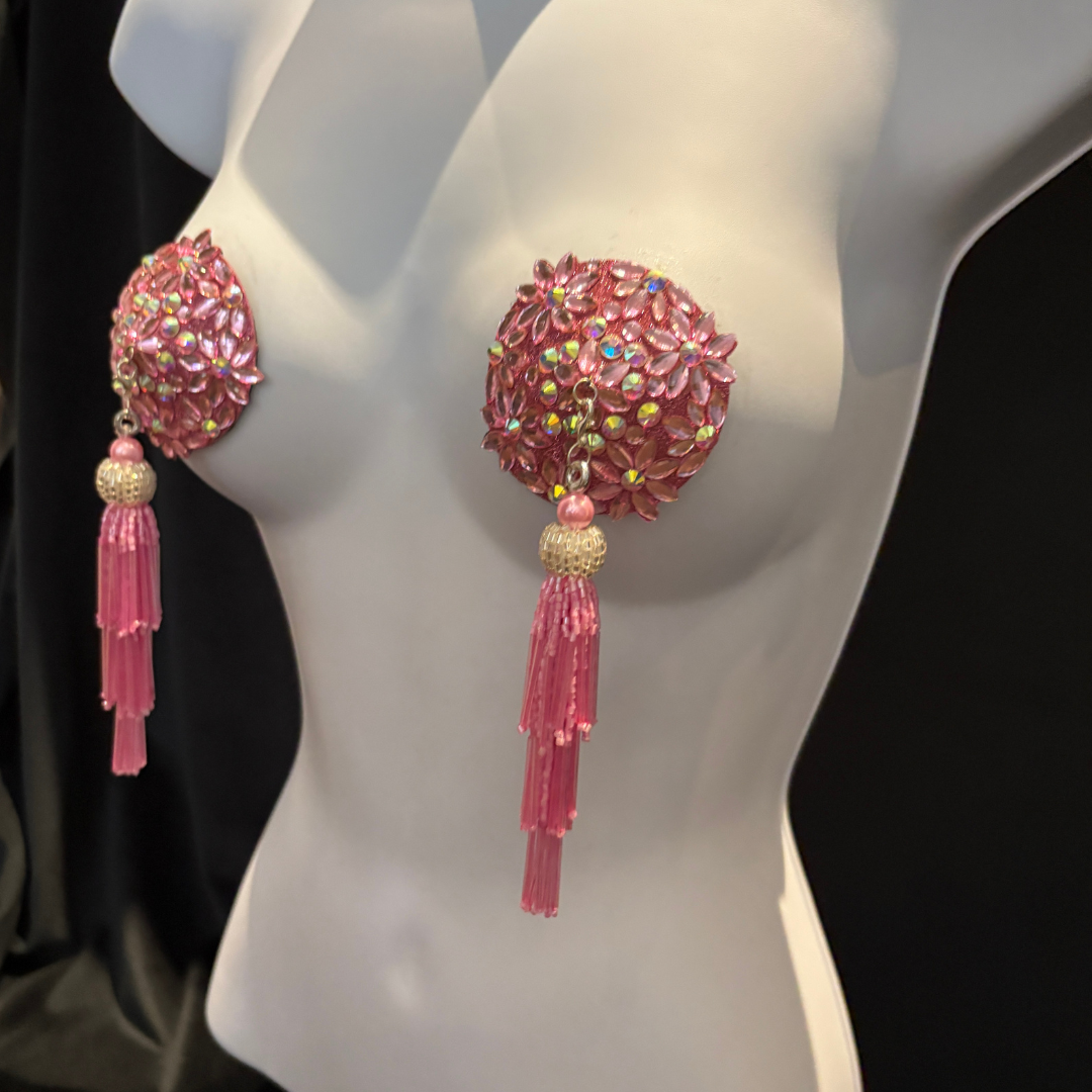 FLORAL FANTASY Pink Gems and AB Gems Nipple Pasty, Covers (2pcs) with Hand beaded Beaded Removable Chandelier Tassels