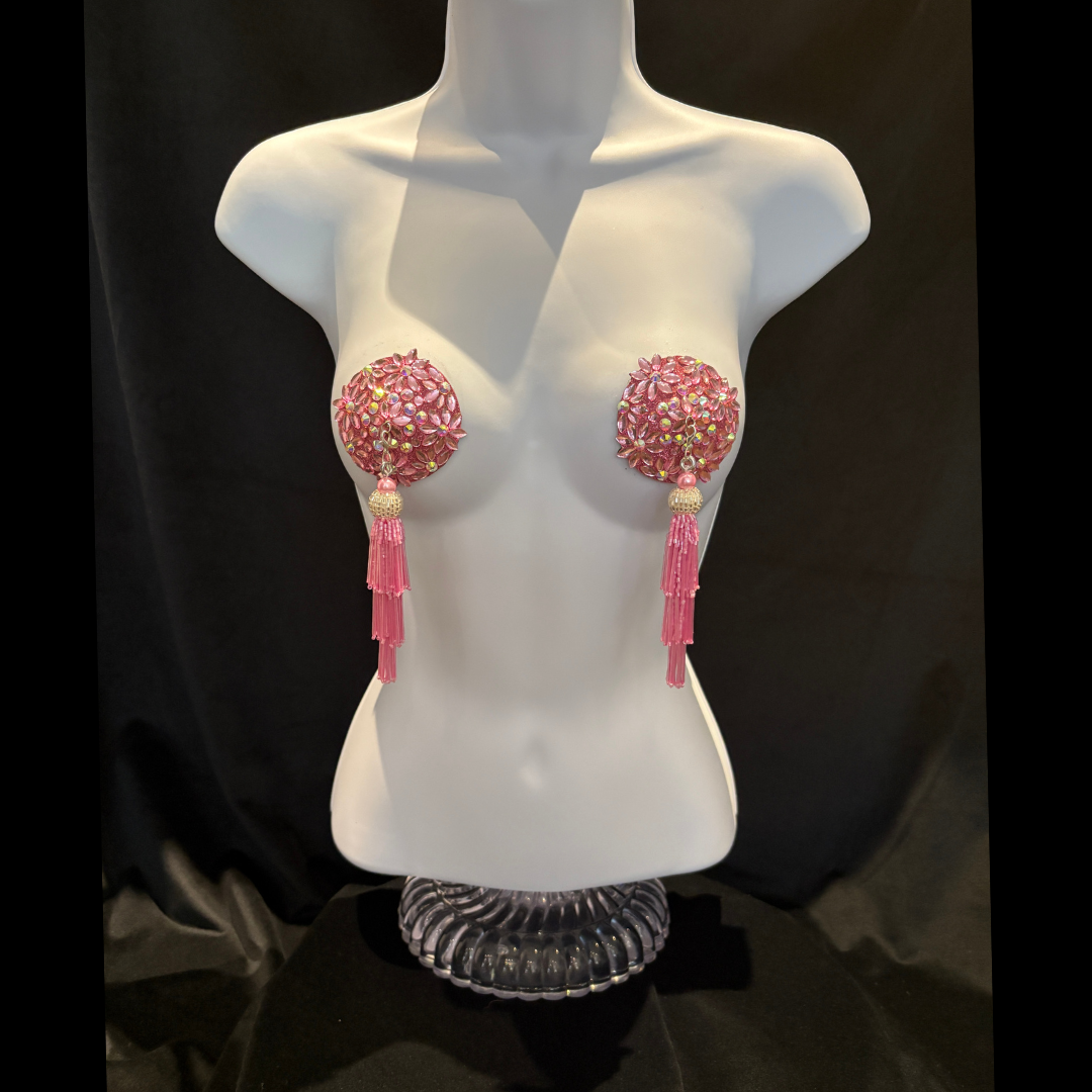 FLORAL FANTASY Pink Gems and AB Gems Nipple Pasty, Covers (2pcs) with Hand beaded Beaded Removable Chandelier Tassels