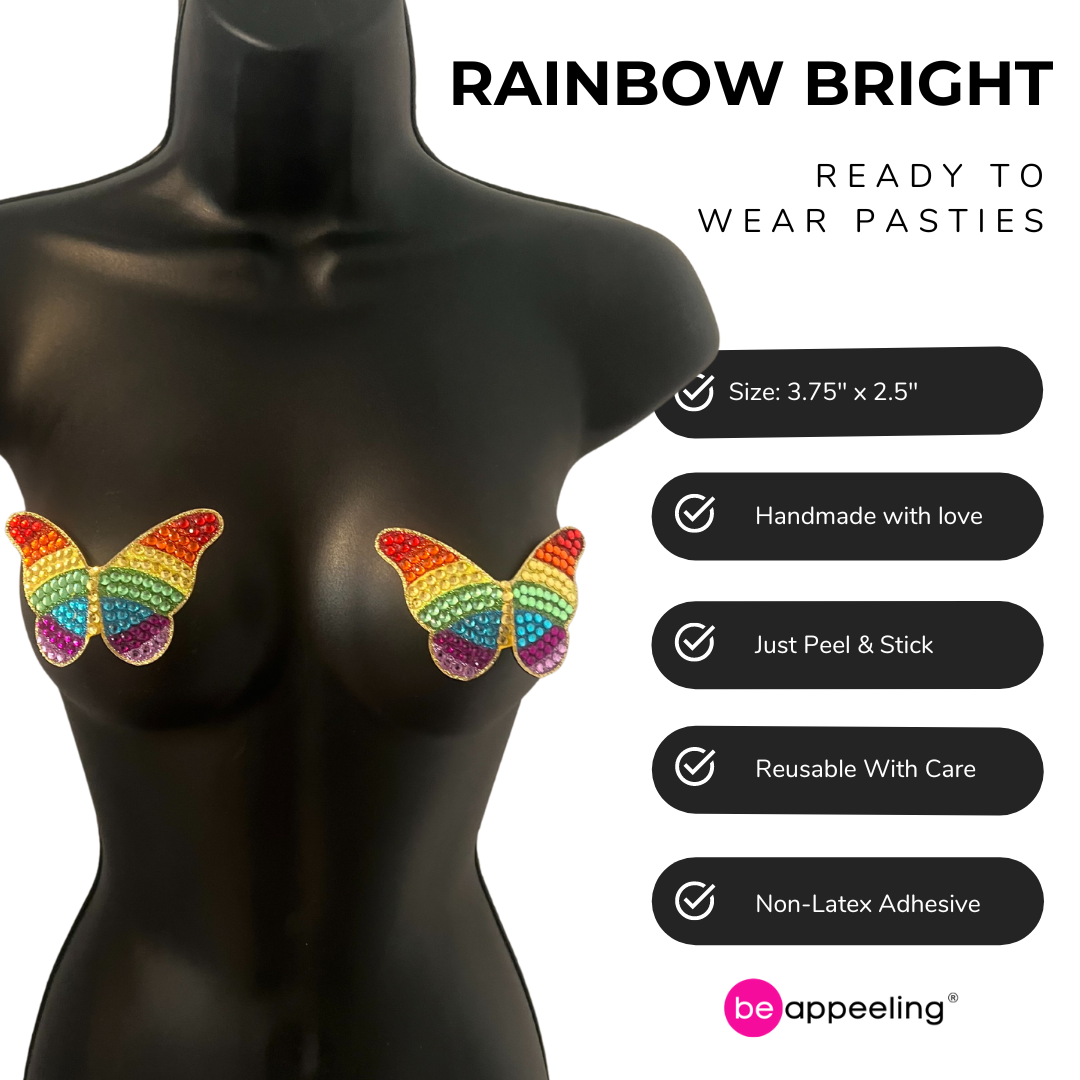 RAINBOW BRIGHT - Glitter and Gem Butterfly Nipple Pasties Covers (2pcs) for Burlesque, Rave Pride Lingerie and Festivals