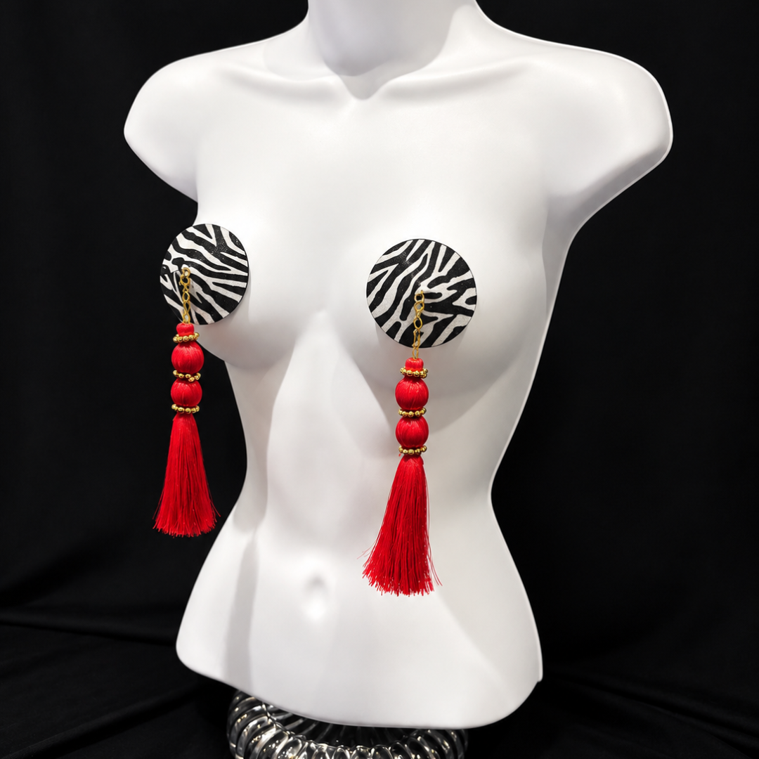 DAZZLE Zebra Glitter Nipple Pasties, Pasty (2pcs) - With Removable Black or Red Tassels
