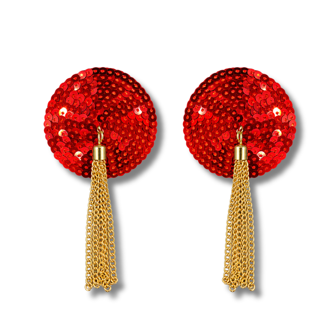 GILTY PLEASURE Sequin with Gold Tassels Nipple Pasty (2pcs), Pasties Tassels Appeeling Red