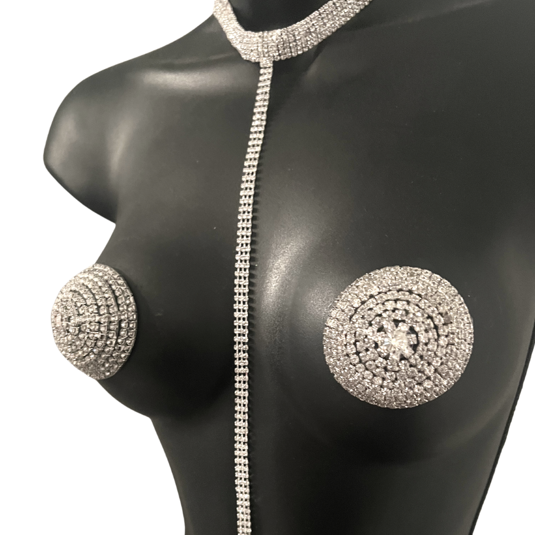BLONDE AMBITION Rhinestone Silver Conical Pasties, Nipple Covers