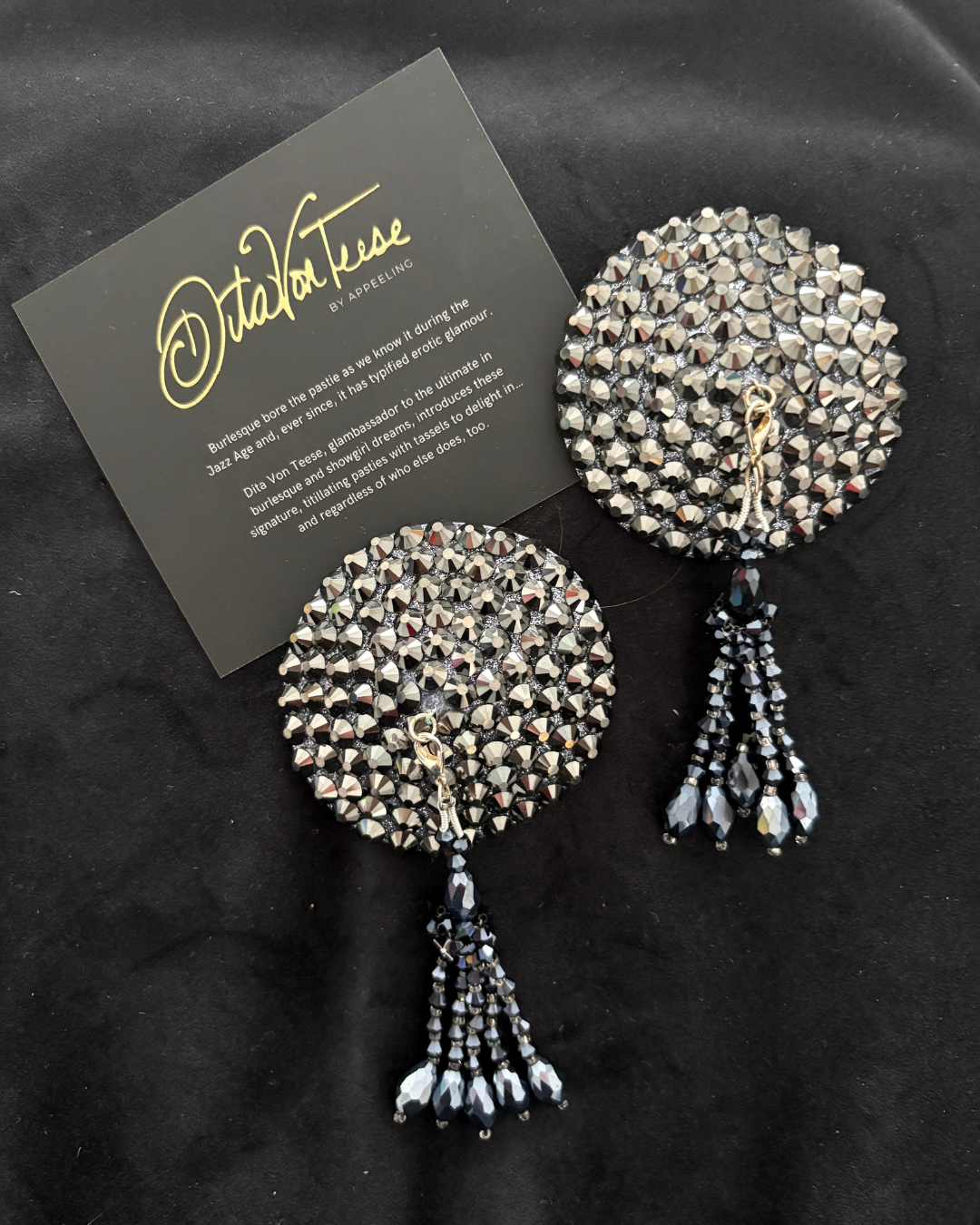 DITA VON TEESE Liberteese Hematite Shimmering Crystal Pasties with Removable Tassels (2pcs)