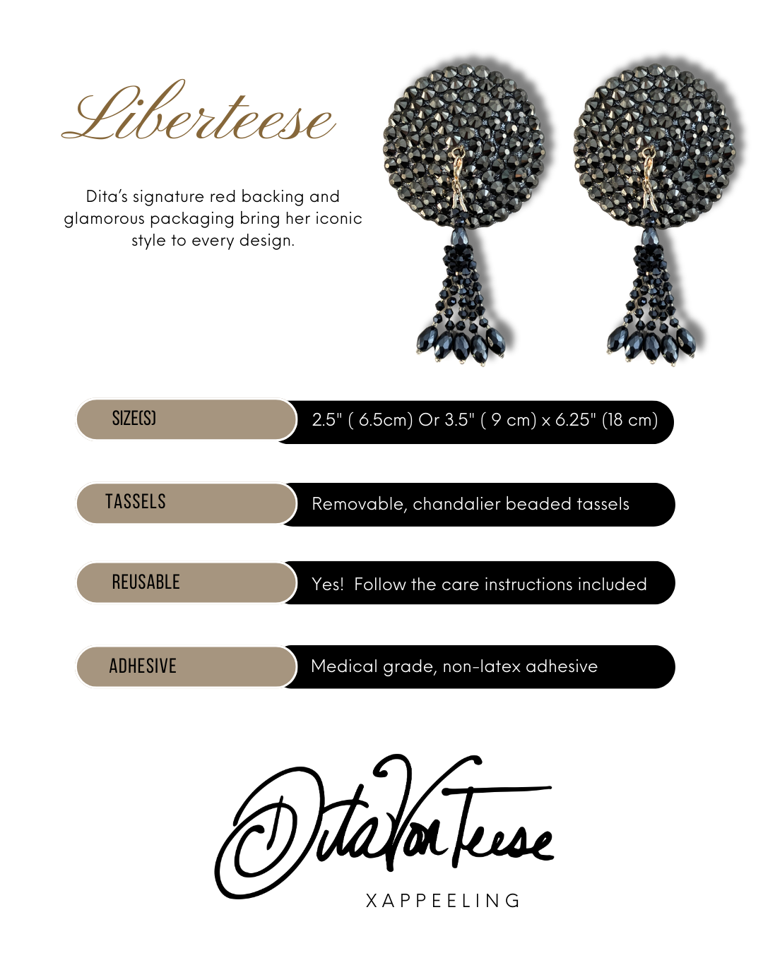 DITA VON TEESE Liberteese Hematite Shimmering Crystal Pasties with Removable Tassels (2pcs)
