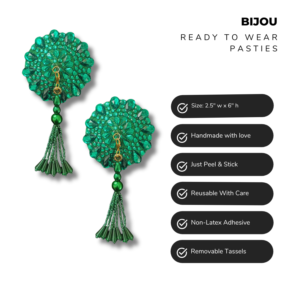 BIJOU Red, Green or Royal Blue Pasties with Removable Tassels (2pcs)