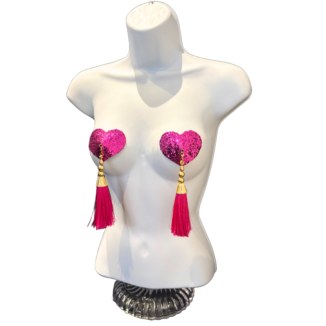 LUVA Hot Pink Heart Glitter Nipple Pasties, Pasty (2pcs) - With Removable Lightweight Tassels
