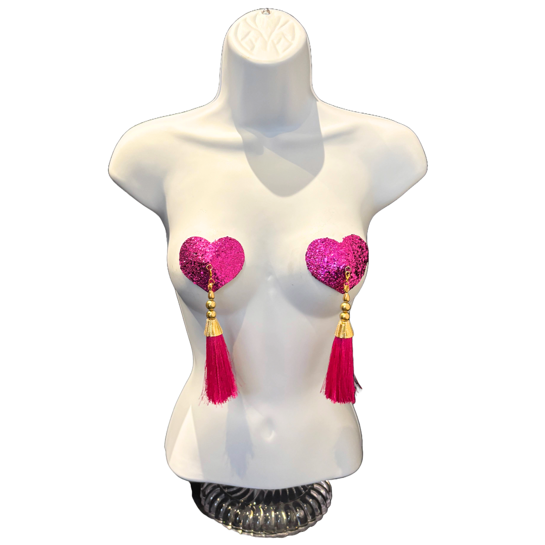 LUVA Hot Pink Heart Glitter Nipple Pasties, Pasty (2pcs) - With Removable Lightweight Tassels