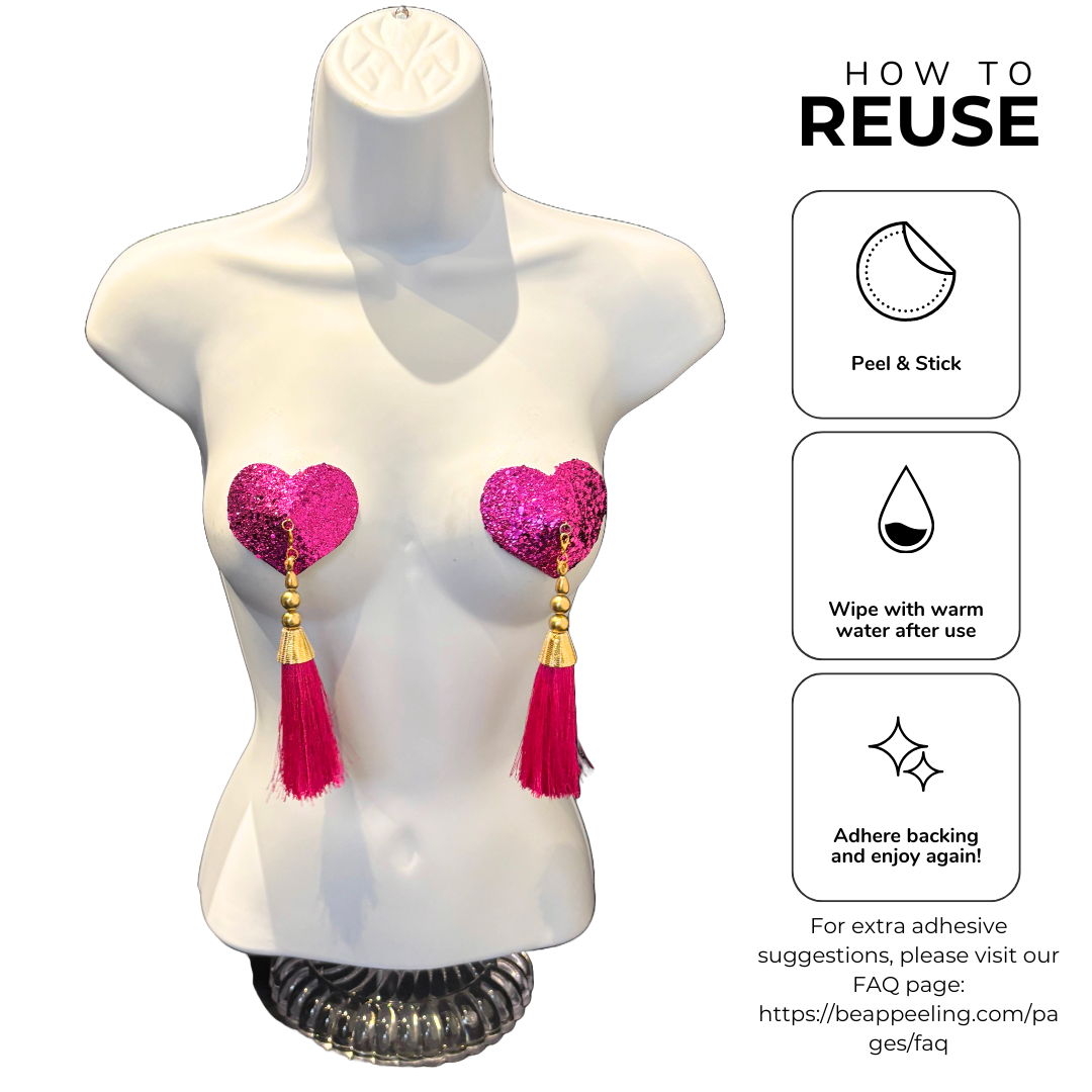 LUVA Hot Pink Heart Glitter Nipple Pasties, Pasty (2pcs) - With Removable Lightweight Tassels