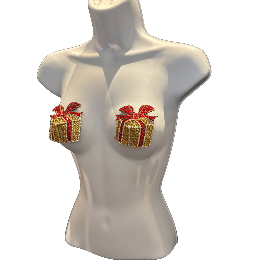 PRESENCE Gold Rhinestone & Gem “Present” Nipple Pasties, Covers (2pcs)