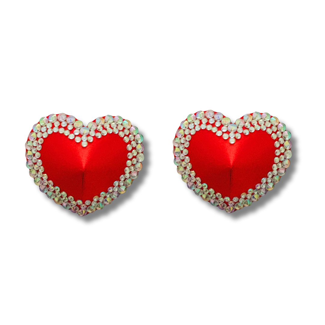 MON CHÉRIE Black or Red Silk Hearts with Crystal Gem Nipple Pasties, Pasty (2pcs)