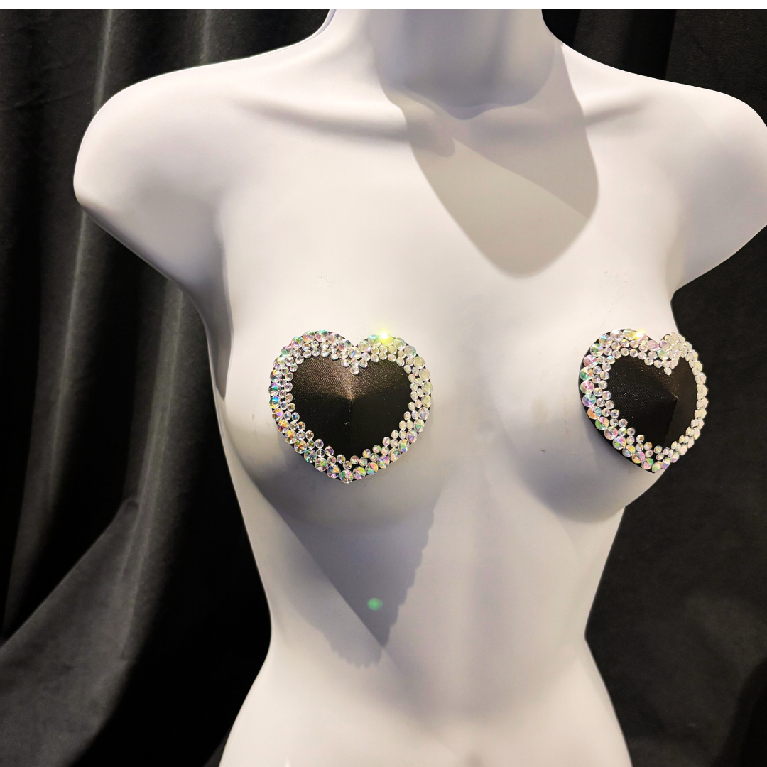 MON CHÉRIE Black or Red Silk Hearts with Crystal Gem Nipple Pasties, Pasty (2pcs)