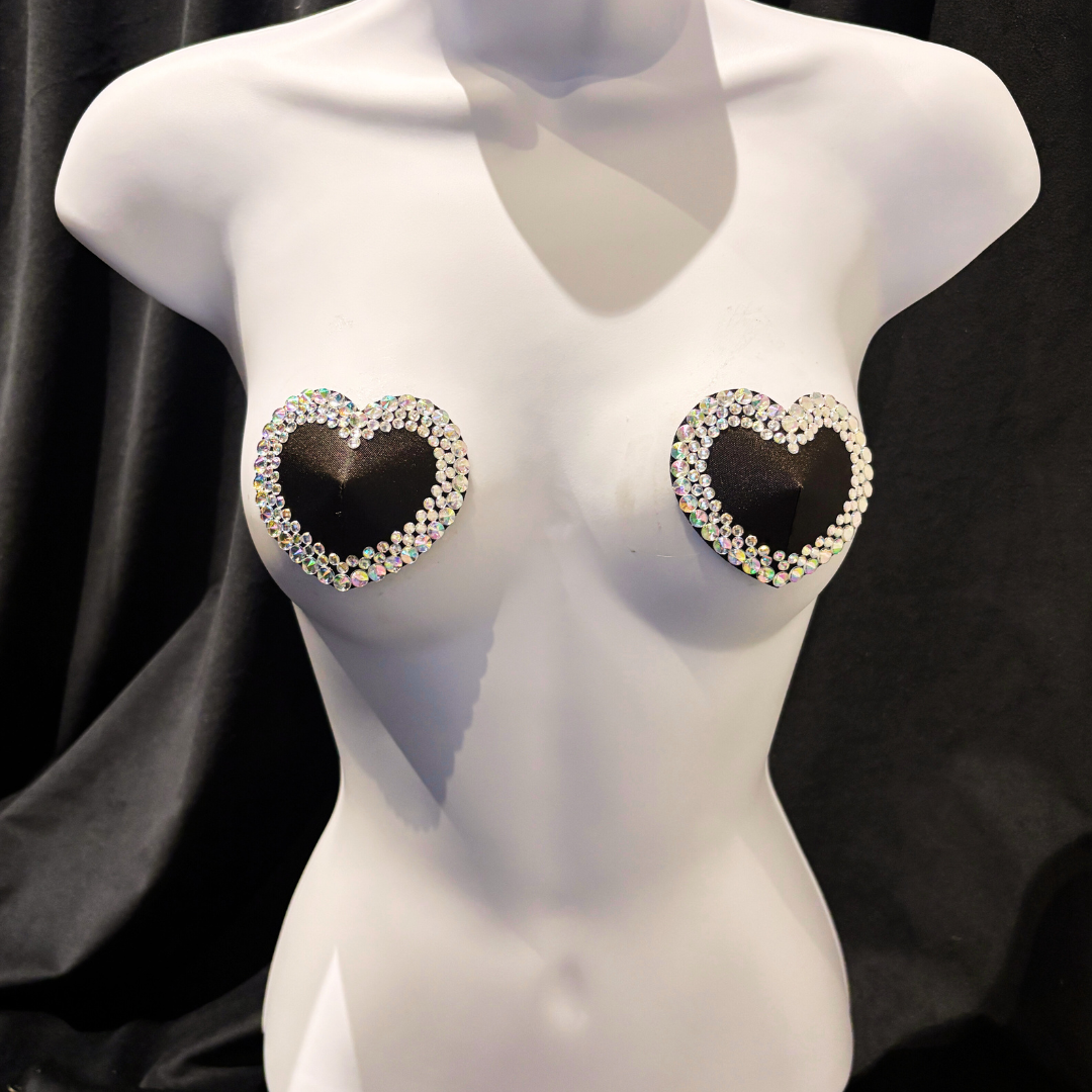 MON CHÉRIE Black or Red Silk Hearts with Crystal Gem Nipple Pasties, Pasty (2pcs)