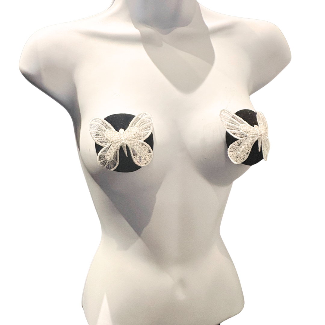 BELLA BUTTERFLY Black Velvet and White Lace Nipple Pasties, Pasty (2pcs) - With Removable Tassels