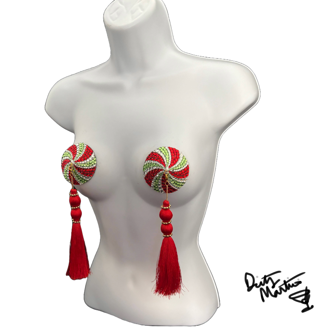 SPEARMINT SWIRLER Holiday Candy Dirty Martini x Appeeling Nipple Pasties with Removable Tassels (2 pcs)