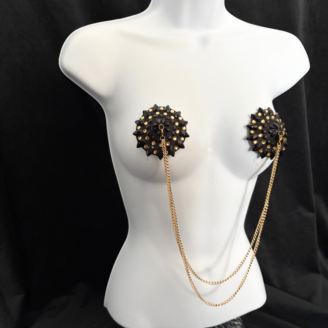 CABARET DORÉ Black and Gold Nipple Pasties with Removable Double Loop Gold Chain (3 pcs)