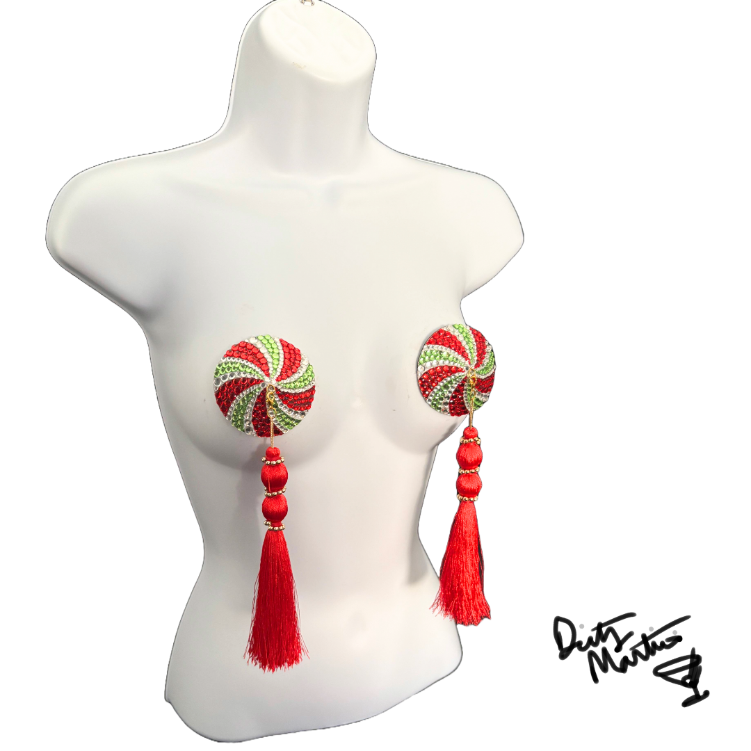 SPEARMINT SWIRLER Holiday Candy Dirty Martini x Appeeling Nipple Pasties with Removable Tassels (2 pcs)