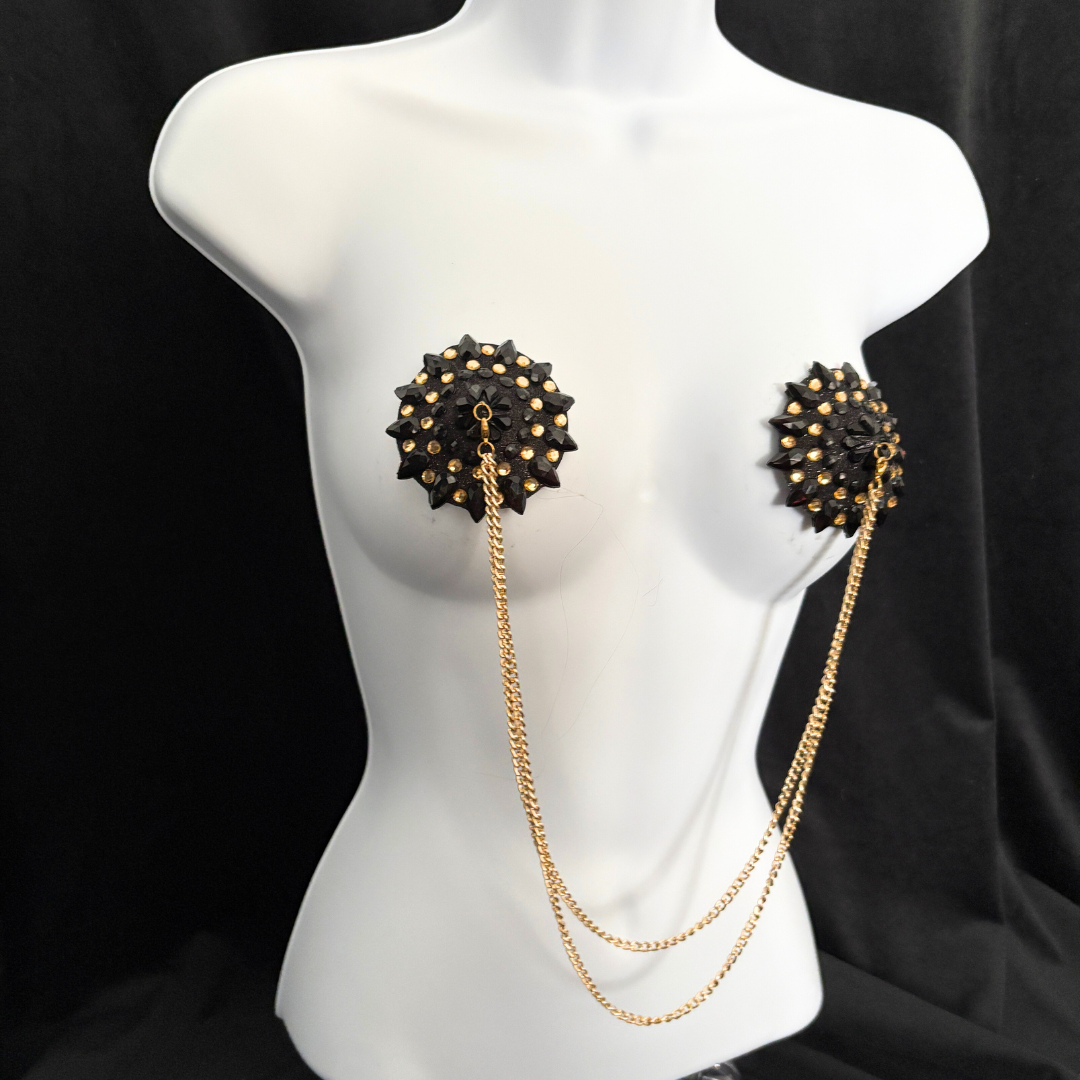 CABARET DORÉ Black and Gold Nipple Pasties with Removable Double Loop Gold Chain (3 pcs)