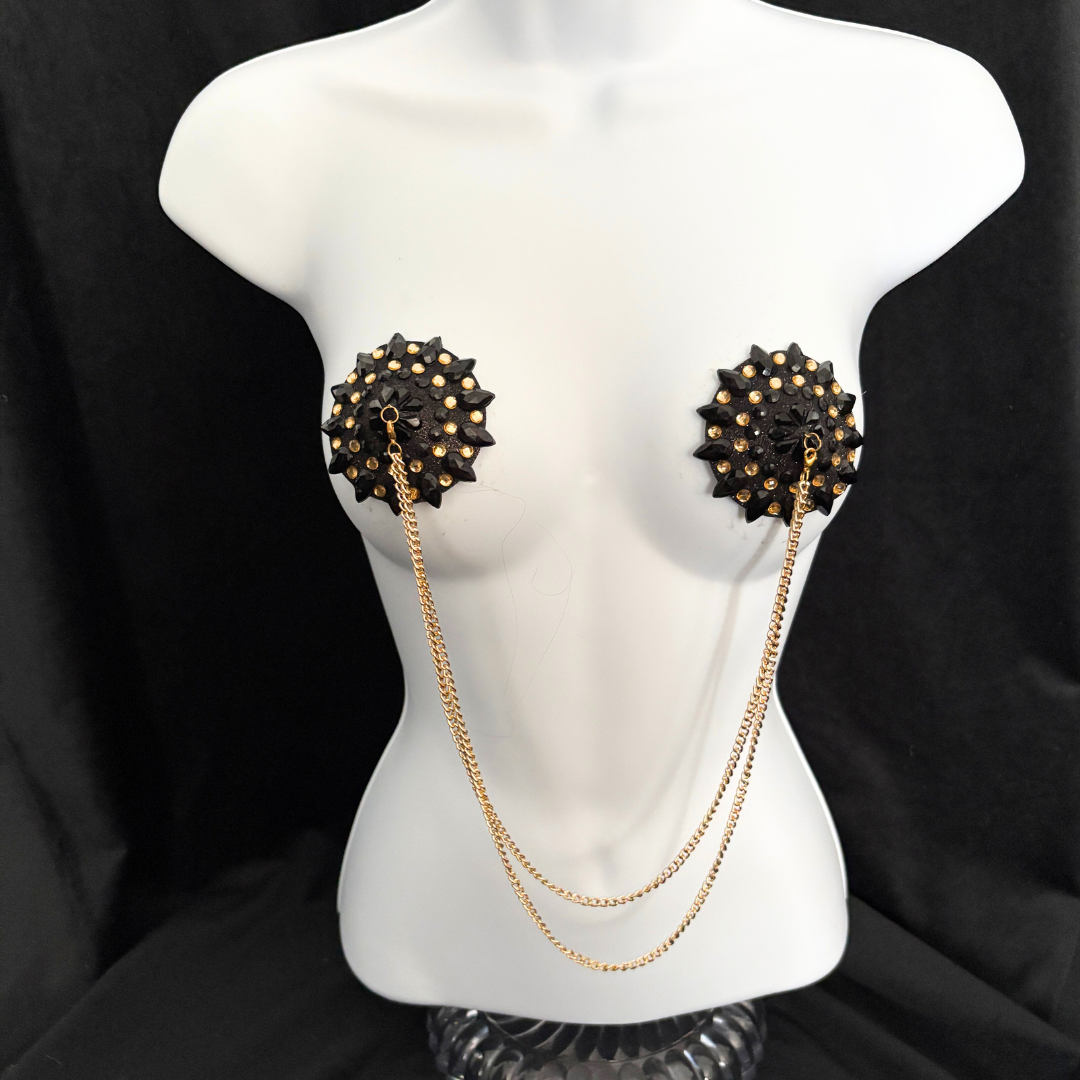 CABARET DORÉ Black and Gold Nipple Pasties with Removable Double Loop Gold Chain (3 pcs)