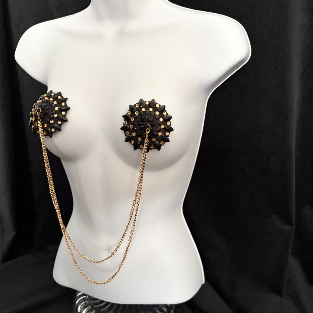 CABARET DORÉ Black and Gold Nipple Pasties with Removable Double Loop Gold Chain (3 pcs)