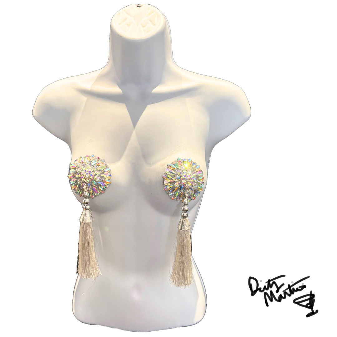 GLAM D'ÉTOILE Pasties – Dirty Martini x Appeeling Clear, Silver AB Gem Pasties (2pcs) With Tassels 2 sizes!