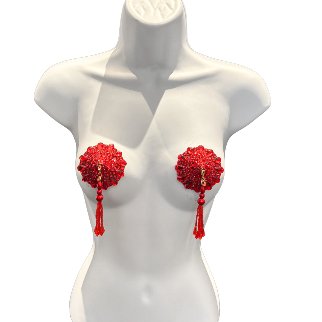 BIJOU Red, Green or Royal Blue Pasties with Removable Tassels (2pcs)