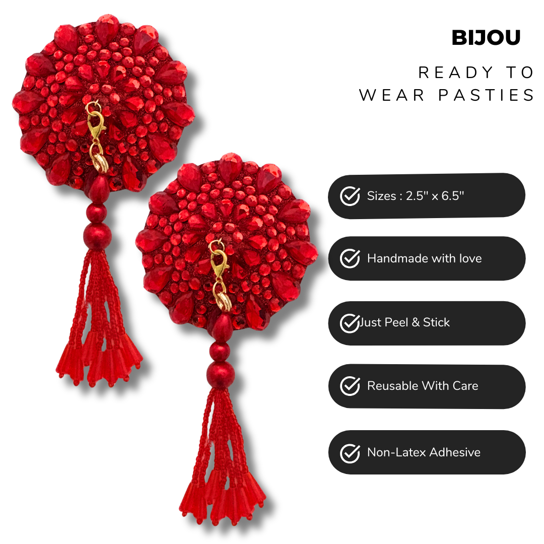 BIJOU Red, Green or Royal Blue Pasties with Removable Tassels (2pcs)