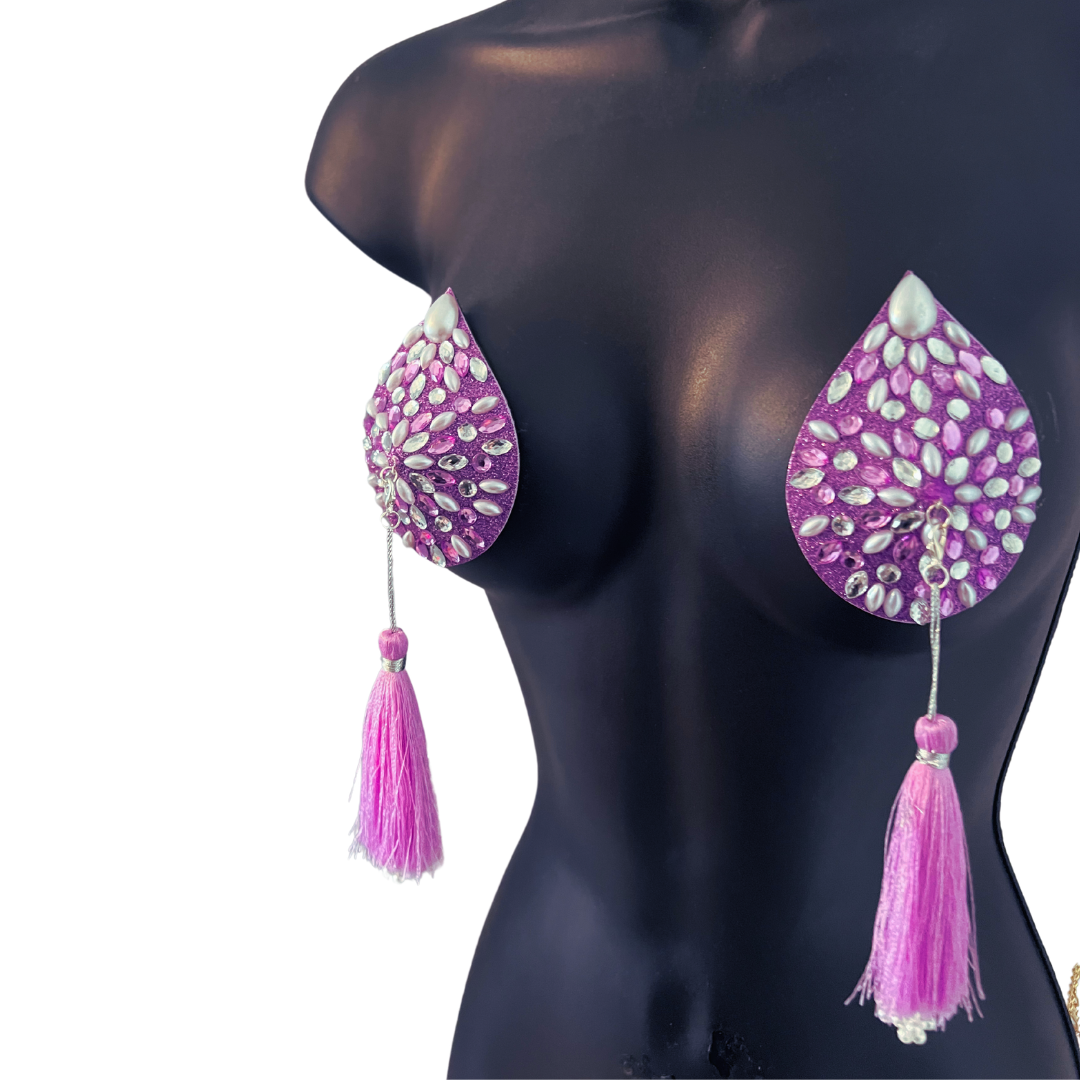 BELLA BIJOU Aqua Teardrop Gem & Pearl Nipple Pasties, Pasty (2pcs) with RemovableTassels (2pcs) Tassels Appeeling