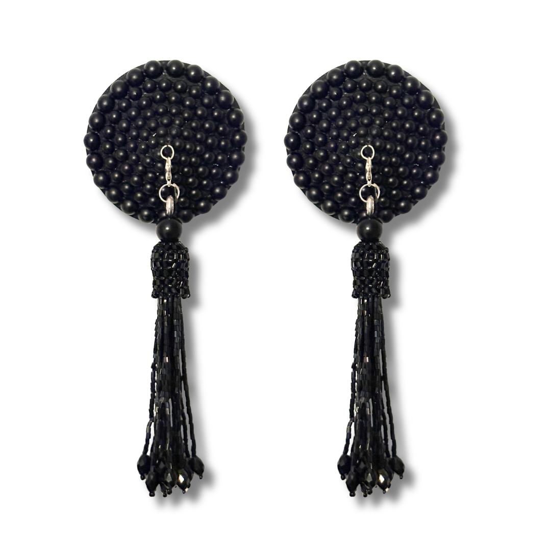 GRAND DAME Matte Black Pearl Pasties Nipple Pasty with Removable Beaded Tassels (2pcs)