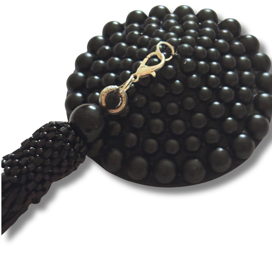 GRAND DAME Matte Black Pearl Pasties Nipple Pasty with Removable Beaded Tassels (2pcs)