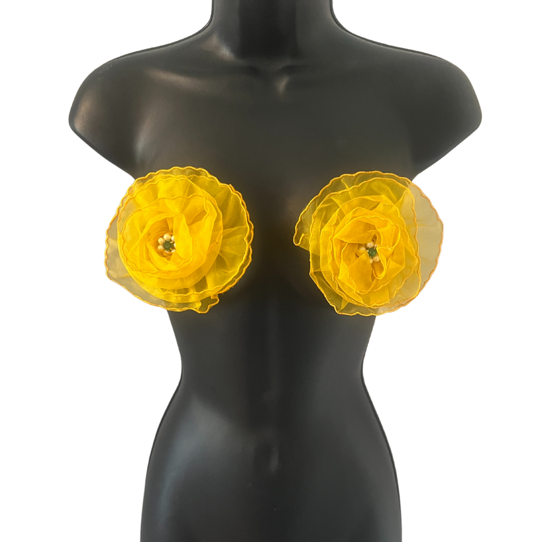 FLEUR TEASE - Beautiful Yellow or Hot Pink Flower Nipple Pasties Covers (2pcs) with beaded centre. Large!
