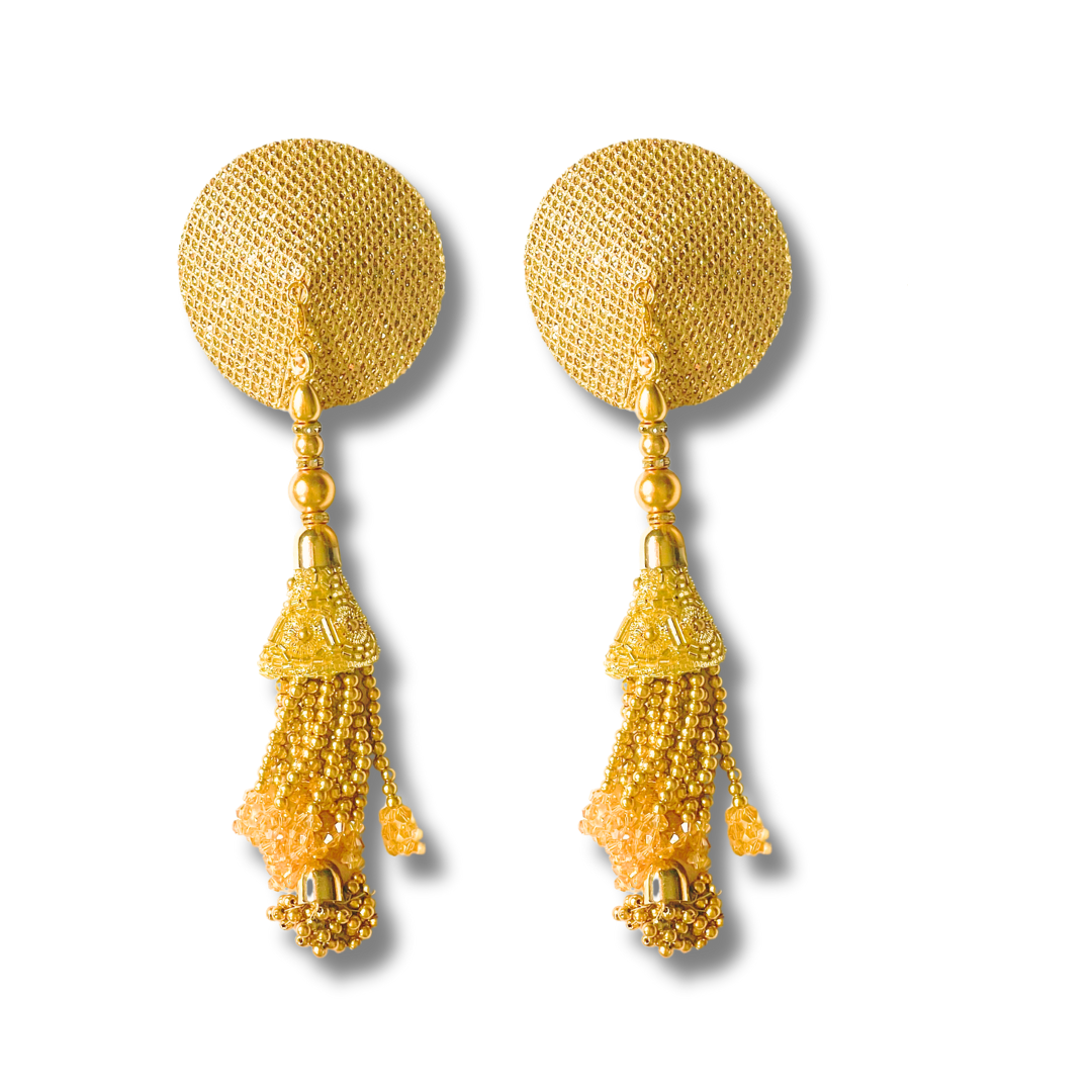 CHAMPAGNE KISS Gold Foil Nipple Pasties, Covers (2pcs) with Hand Beaded Gem Tassels (2pcs) Burlesque Lingerie Raves and Festivals