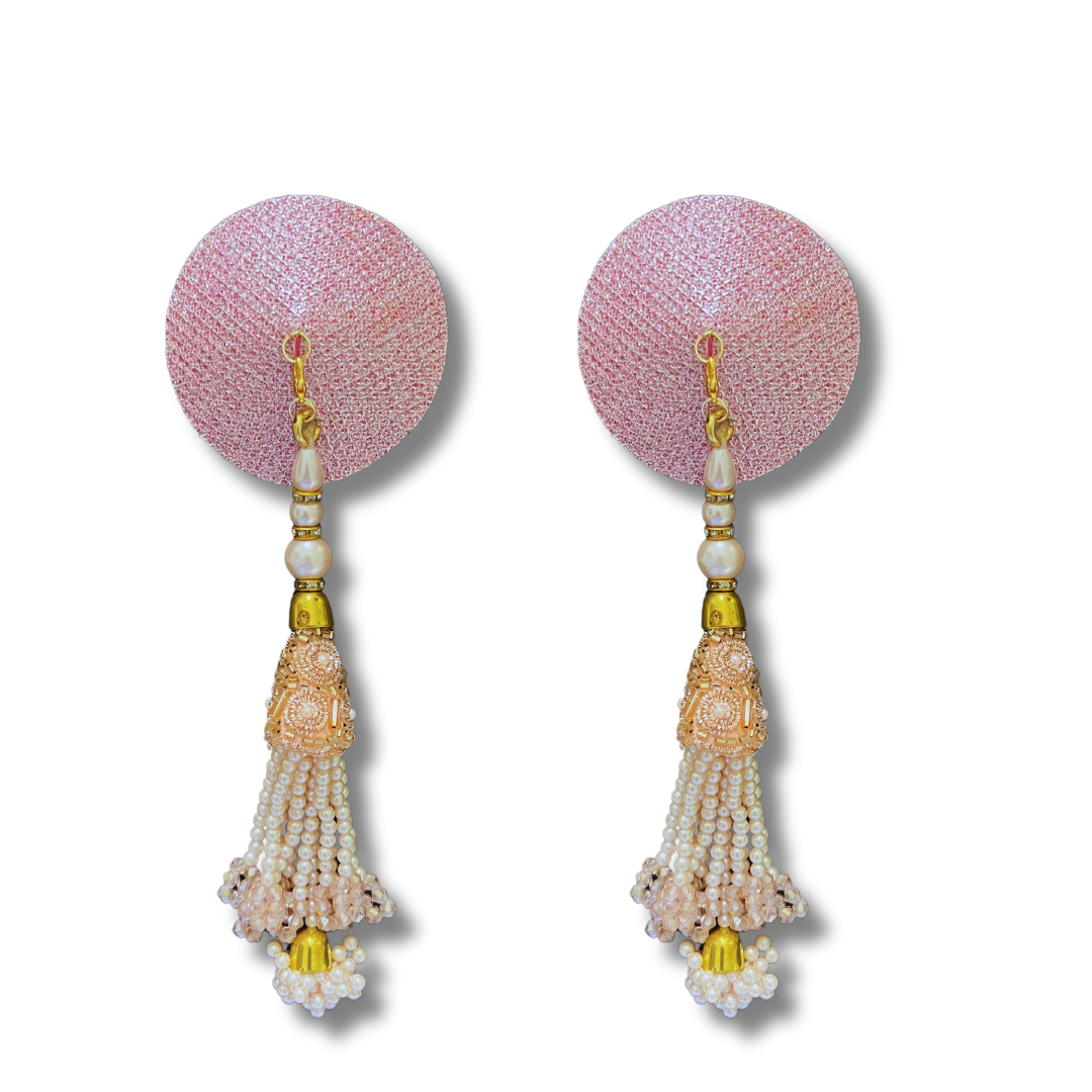 ROSÉ ALL DAY Light Pink Foil & Nipple Pasties, Covers with Hand Beaded Pearl and Gem Tassels (2pcs) Burlesque Lingerie Raves and Festivals Tassels Appeeling