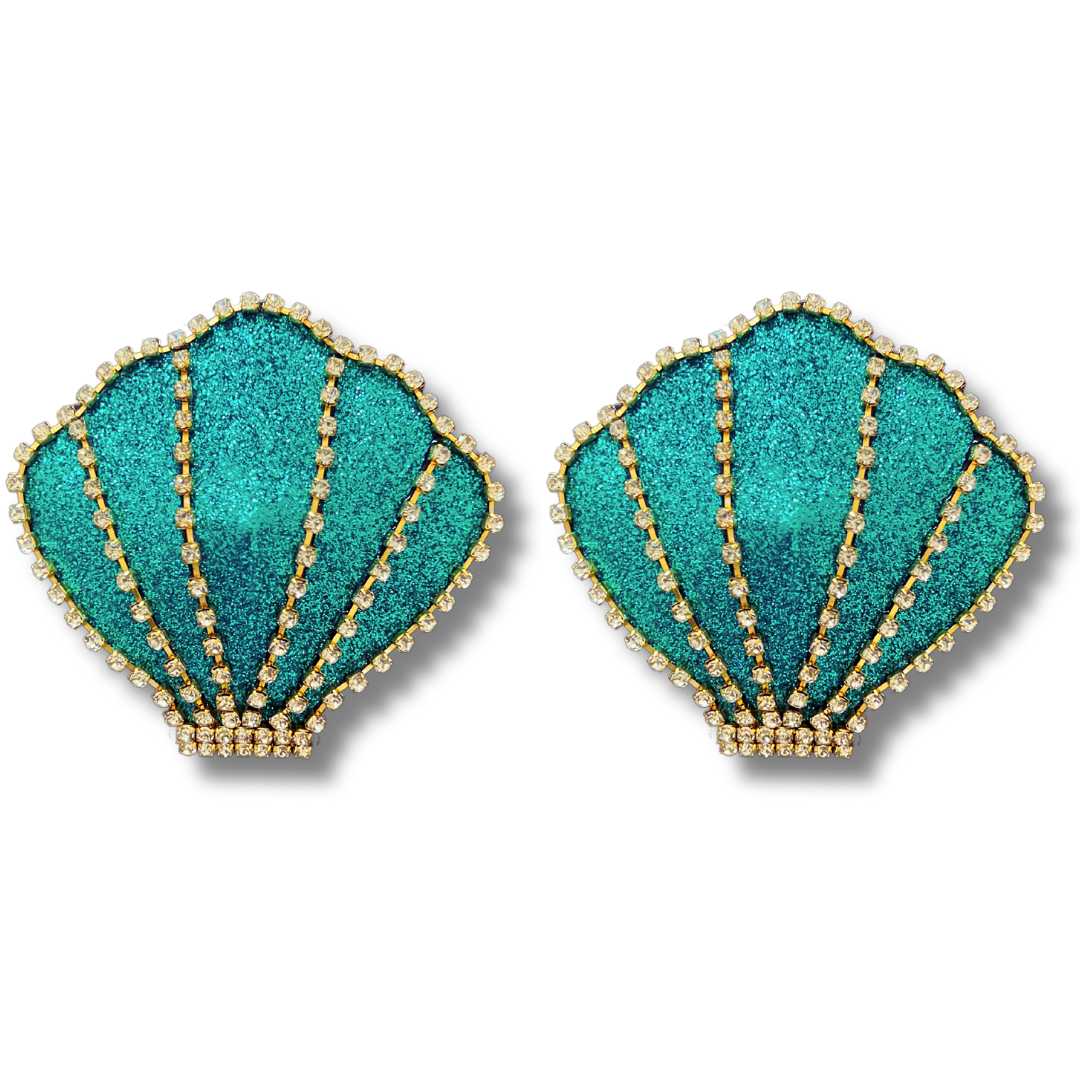 AQUA VITA Aqua Shell Glitter & Rhinestone Pezón Pasties, Cubiertas para Lencería Burlesque Festivales Raves