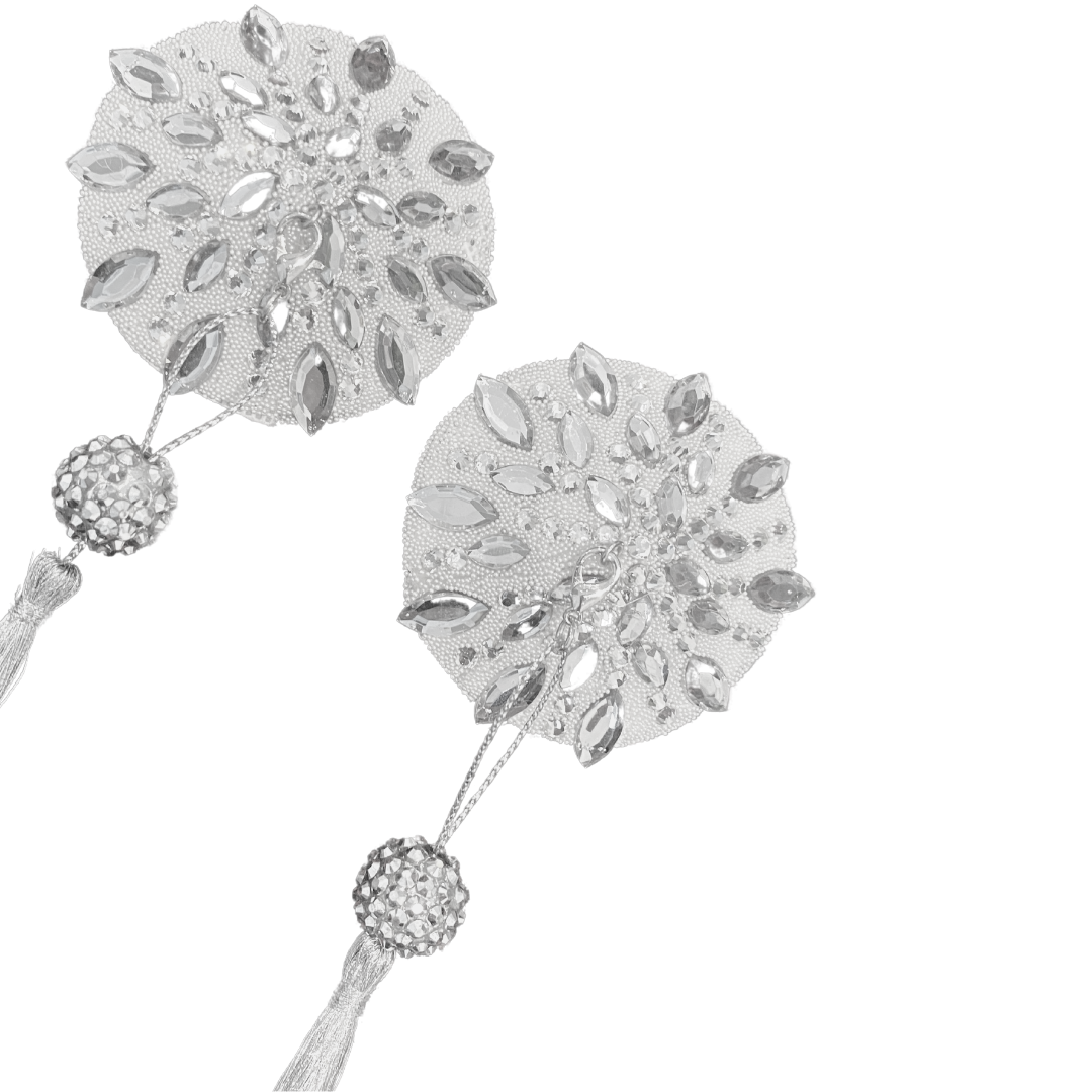 Silver Screen Glitter & Crystals Nipple Pasty, Couvre-tétons avec pompon perlé (2 pcs)