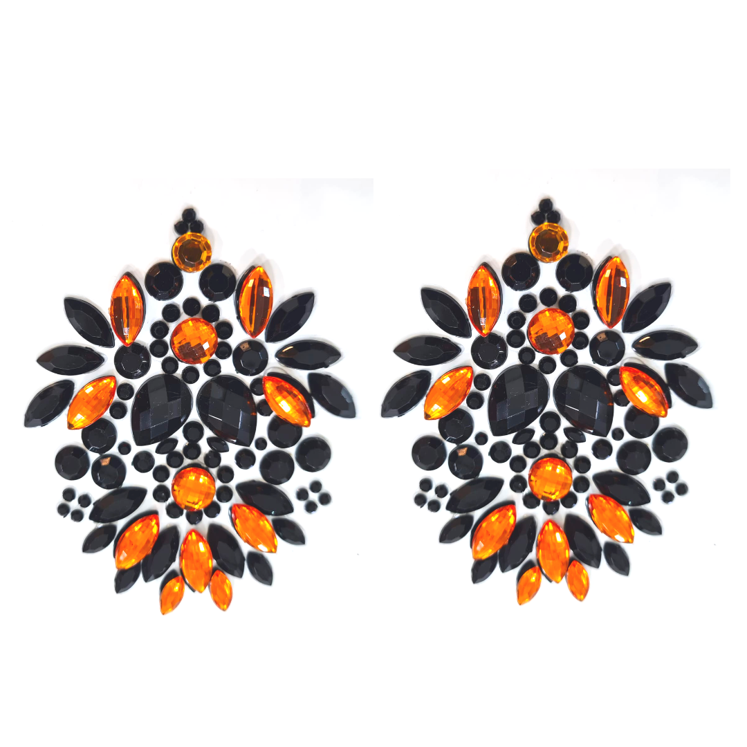SABRINA Black & Orange Gem Complex Nipple Pasties, Covers (2pcs) pour les raves et festivals de lingerie burlesque