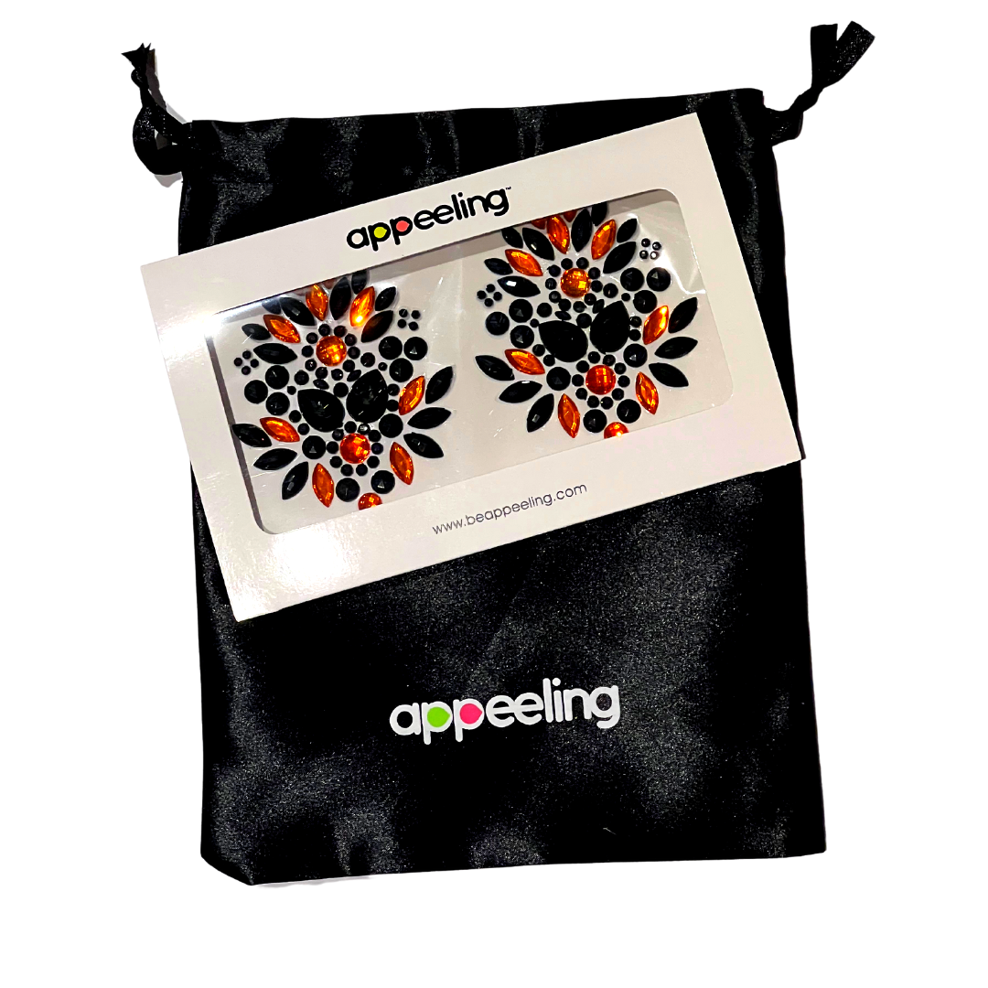 SABRINA Black & Orange Gem Complex Nipple Pasties, Covers (2pcs) pour les raves et festivals de lingerie burlesque