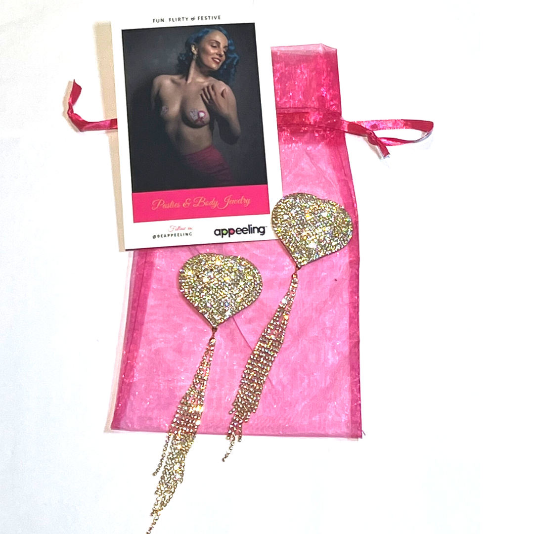 ROXY ROYALE Gold and Rhinestone Heart with Rhinestone Tassels Nipple Pasty, Cover (2pcs) Burlesque Tassel Lingerie Raves and Festivals