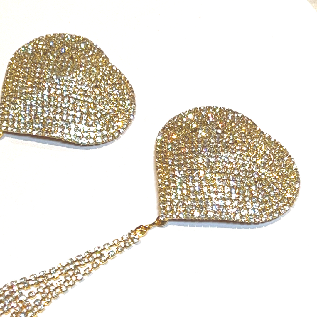 ROXY ROYALE Gold and Rhinestone Heart with Rhinestone Tassels Nipple Pasty, Cover (2pcs) Burlesque Tassel Lingerie Raves and Festivals