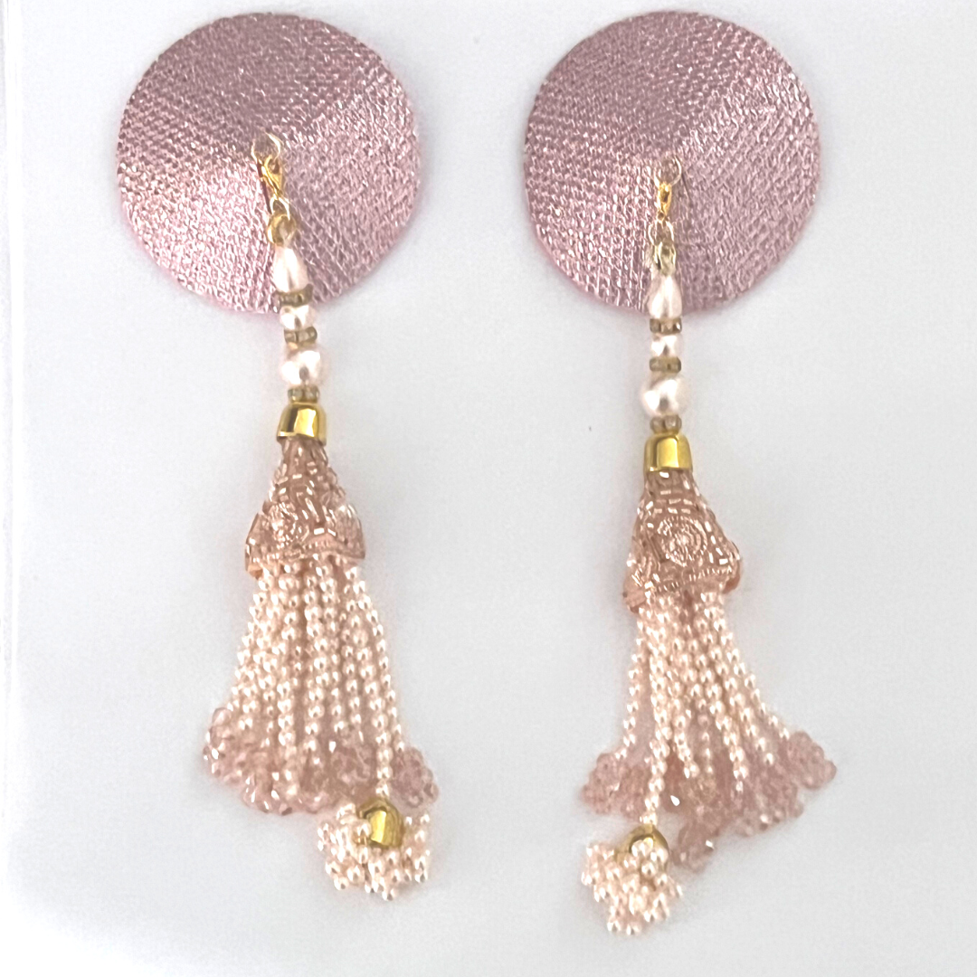 ROSÉ ALL DAY Light Pink Foil & Nipple Pasties, Covers with Hand Beaded Pearl and Gem Tassels (2pcs) Burlesque Lingerie Raves and Festivals Tassels Appeeling