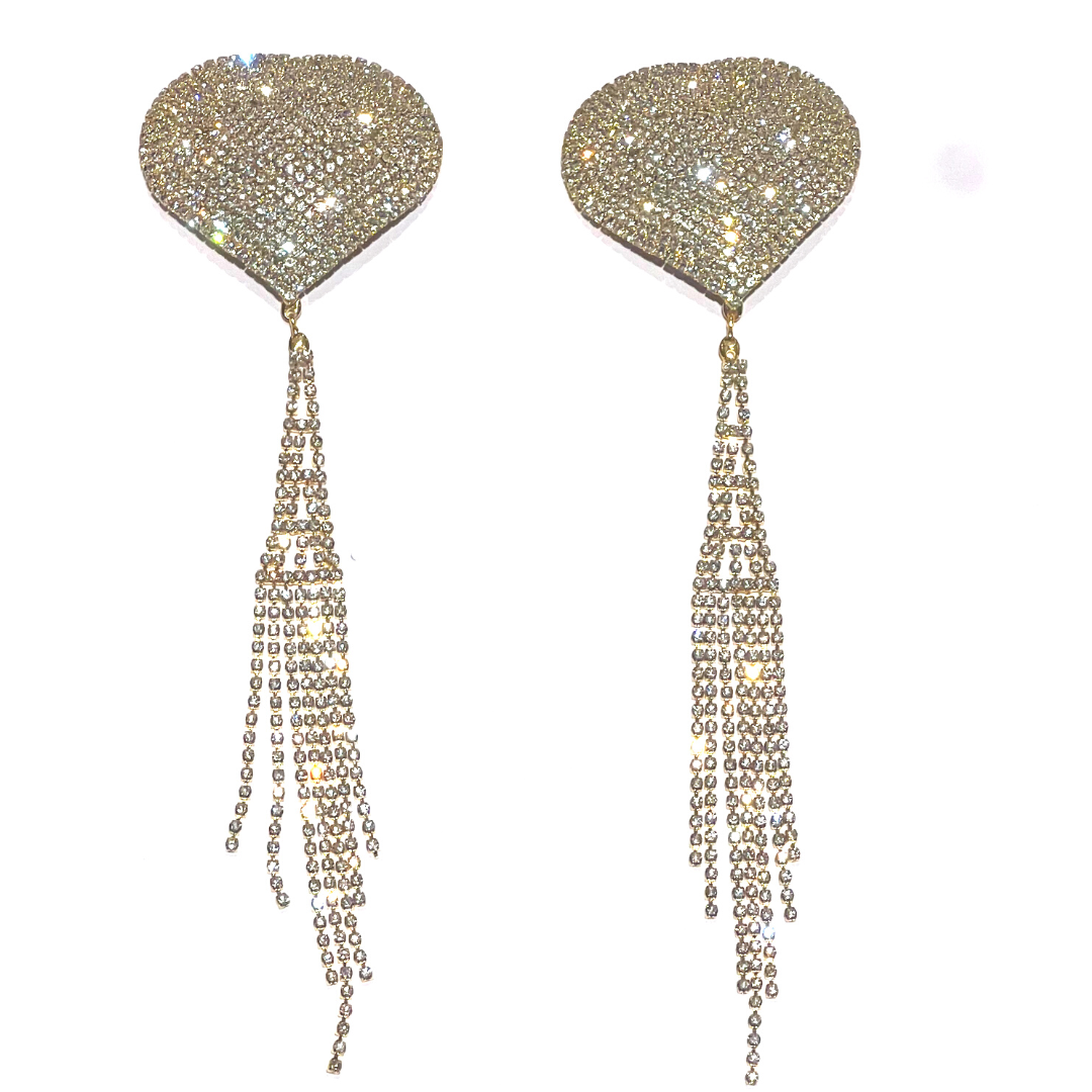 ROXY ROYALE Gold and Rhinestone Heart with Rhinestone Tassels Nipple Pasty, Cover (2pcs) Burlesque Tassel Lingerie Raves and Festivals