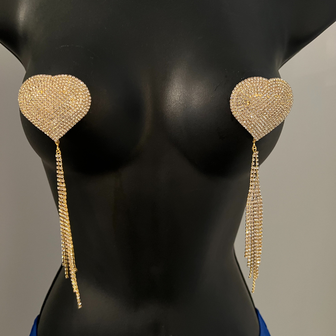 ROXY ROYALE Gold and Rhinestone Heart with Rhinestone Tassels Nipple Pasty, Cover (2pcs) Burlesque Tassel Lingerie Raves and Festivals