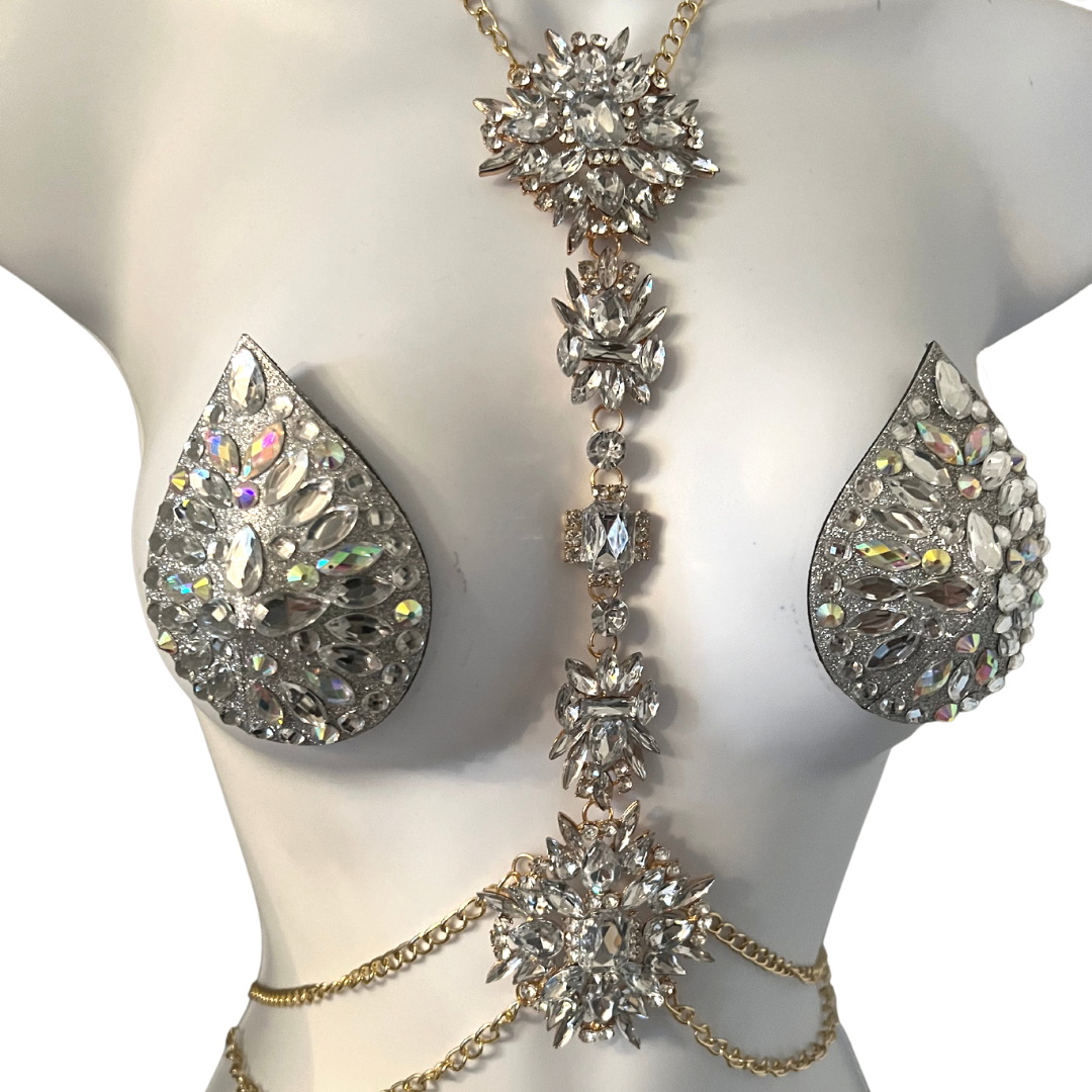 MINT JULEP Emerald and Rhinestones Silver Body Chains / Chain Bra