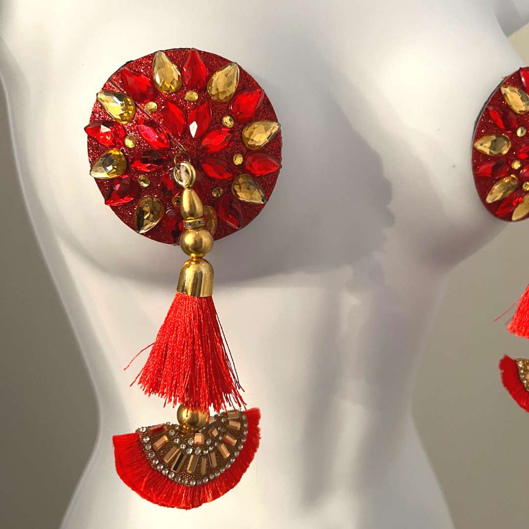 LUNA ROSA Cache-tétons complexes rouges et dorés avec de superbes pompons (2 pièces) pour les raves burlesques, les raves et les festivals de lingerie