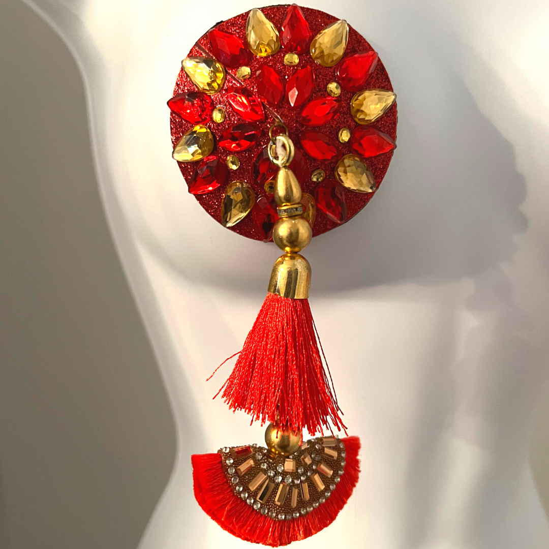 LUNA ROSA Cache-tétons complexes rouges et dorés avec de superbes pompons (2 pièces) pour les raves burlesques, les raves et les festivals de lingerie