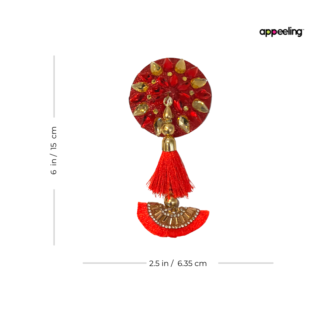 LUNA ROSA Cache-tétons complexes rouges et dorés avec de superbes pompons (2 pièces) pour les raves burlesques, les raves et les festivals de lingerie