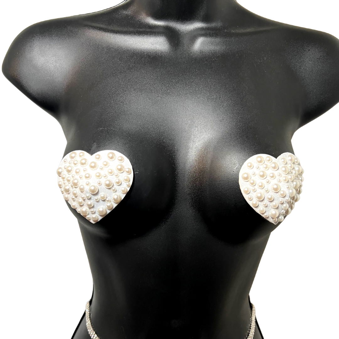 MARLO MANNERS Scattered Pearl Heart Nipple Pasty, Covers (2pcs) for Burlesque Lingerie Raves and Festivals