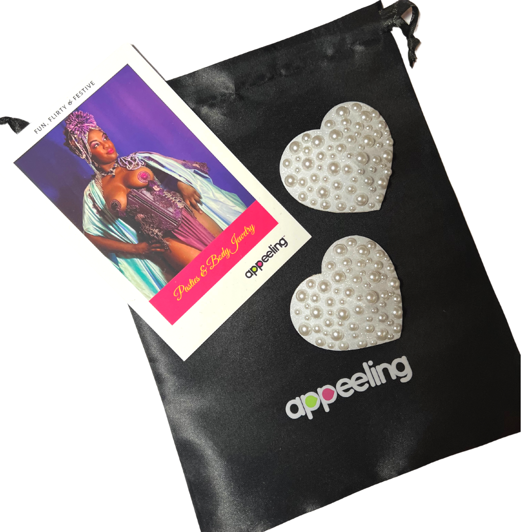 MARLO MANNERS Scattered Pearl Heart Nipple Pasty, Covers (2pcs) for Burlesque Lingerie Raves and Festivals