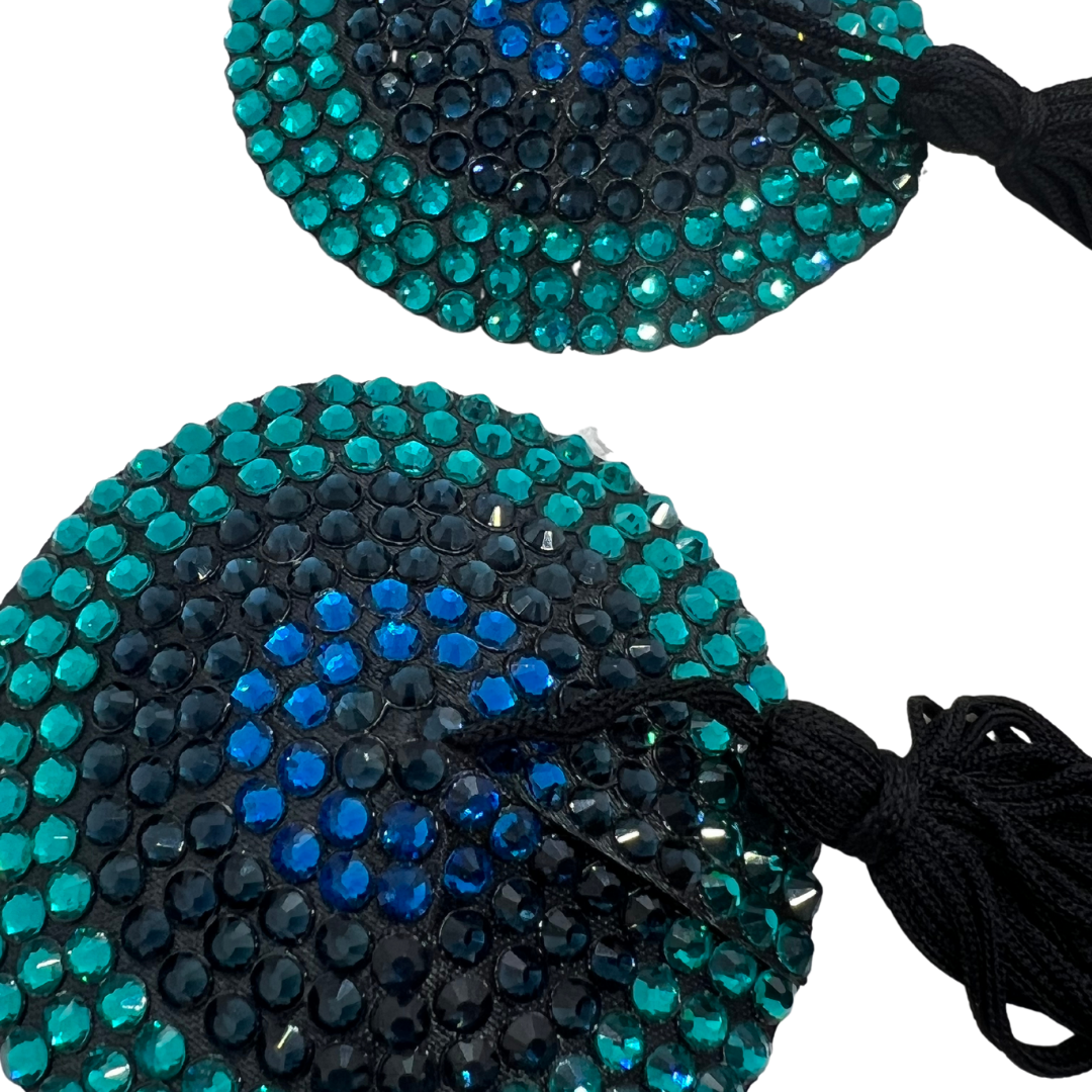 Velvet Underground Blue & Green Crystal Pasties, Nipple Covers with Tassel